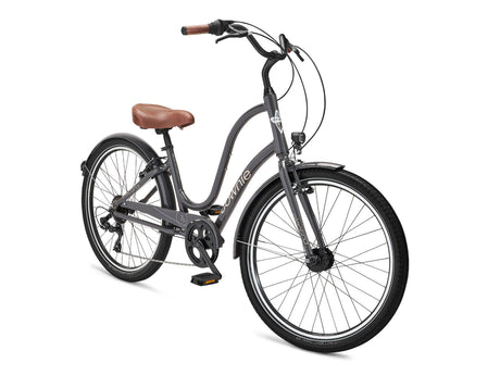 Gray bicycle with a brown seat on a white background