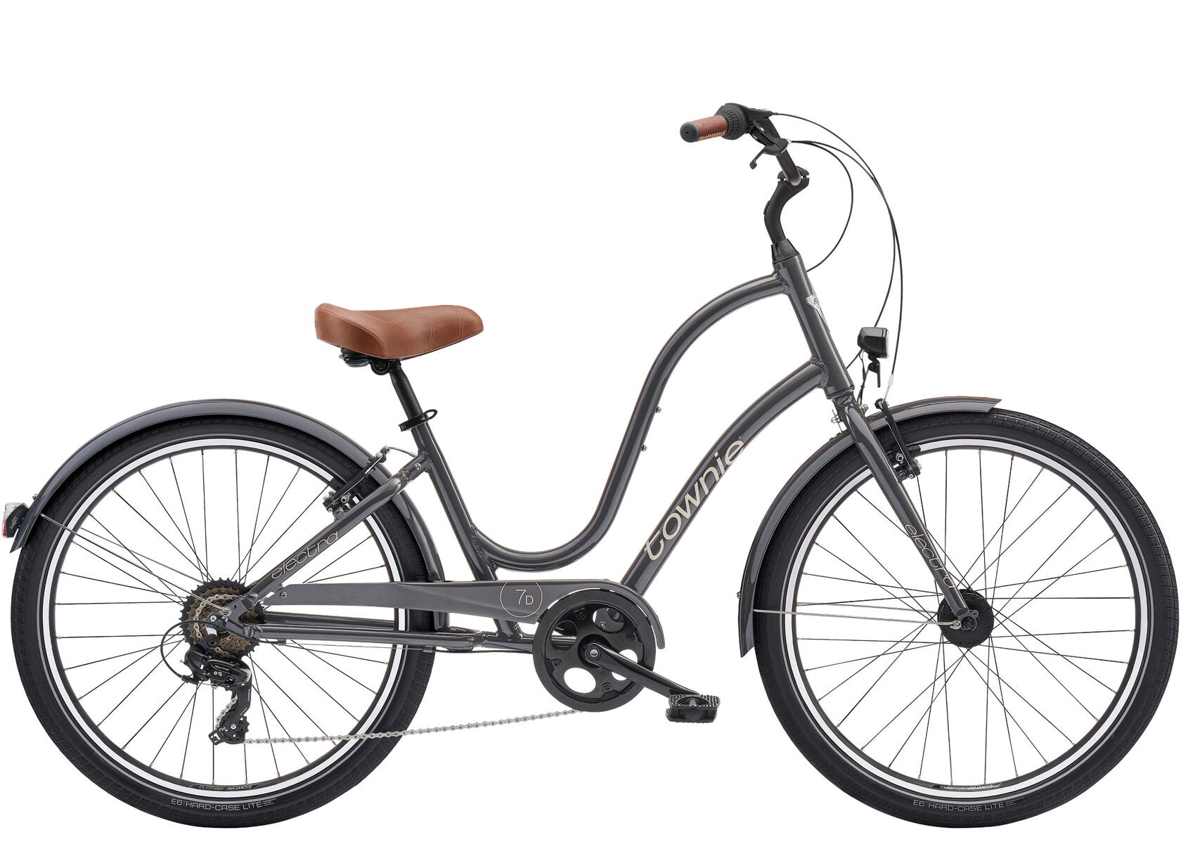 Gray bicycle with a brown seat on a white background