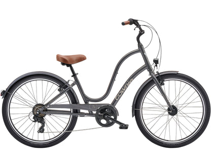 Gray bicycle with a brown seat on a white background