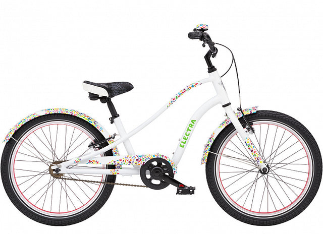 White children's bicycle with colorful accents on a white background