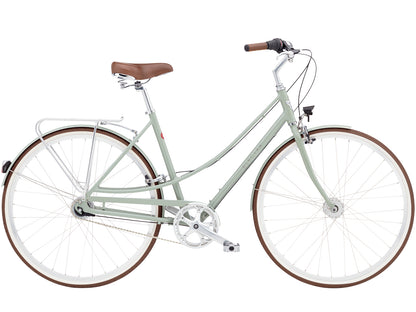 Light green bicycle with brown seat and tires on a white background