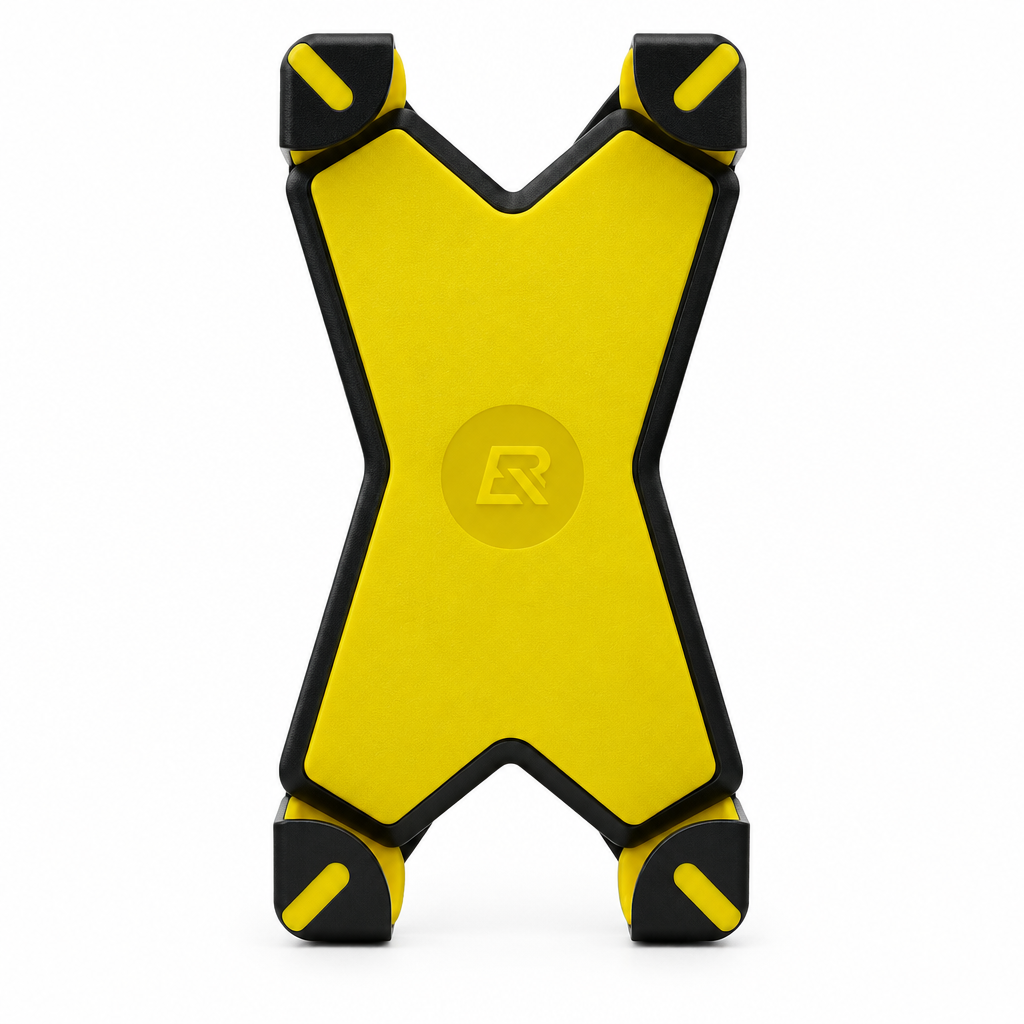 Yellow X-Grip bike phone holder, front view