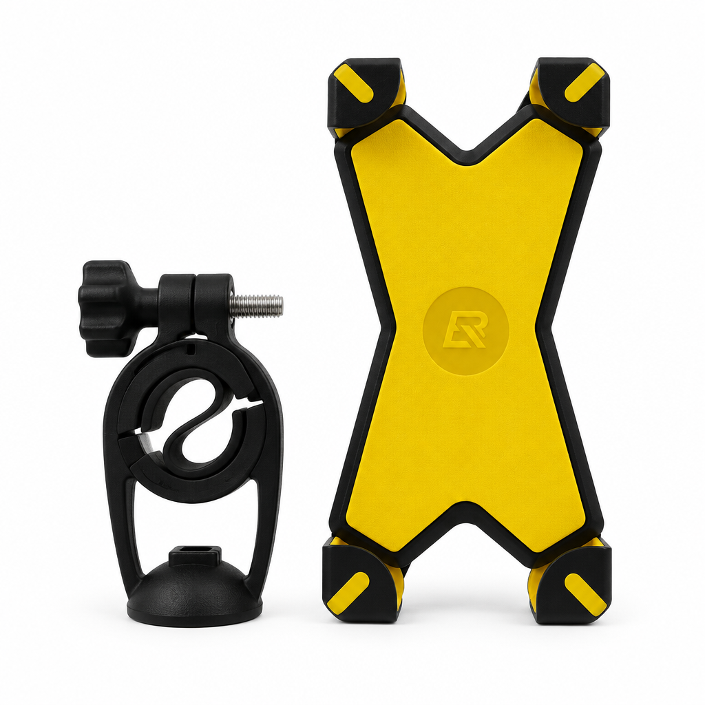 Yellow X-Grip phone holder with handlebar clamp