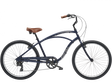 Navy blue bicycle with brown seat on a white background