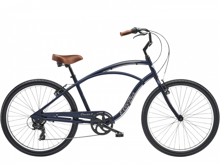 Navy blue bicycle with brown seat on a white background