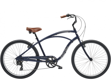 Navy blue bicycle with brown seat on a white background