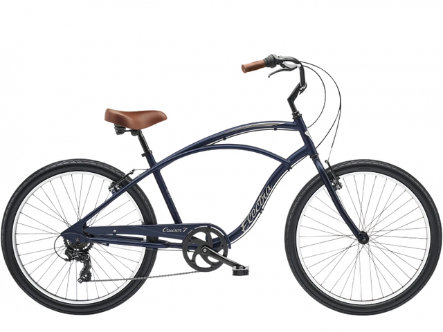 Navy blue bicycle with brown seat on a white background