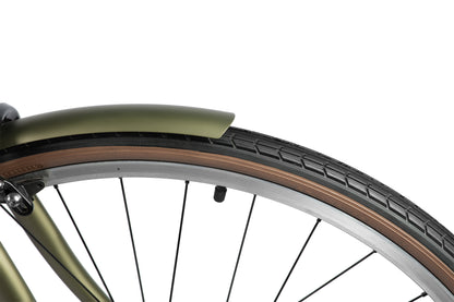 Close-up of a bicycle wheel with a fender on a white background