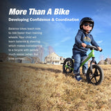 Child riding a balance bike in a grassy field with text about the benefits of balance bikes.