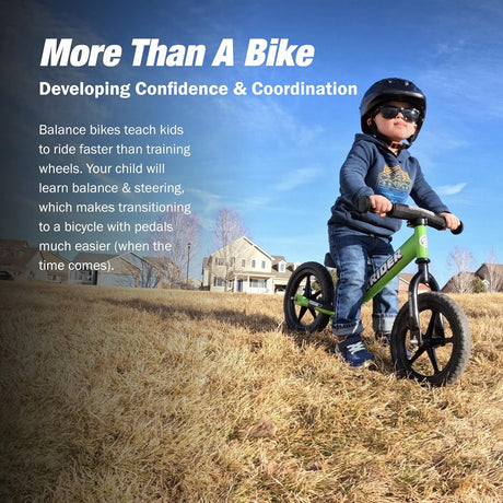 Child riding a balance bike in a grassy field with text about the benefits of balance bikes.