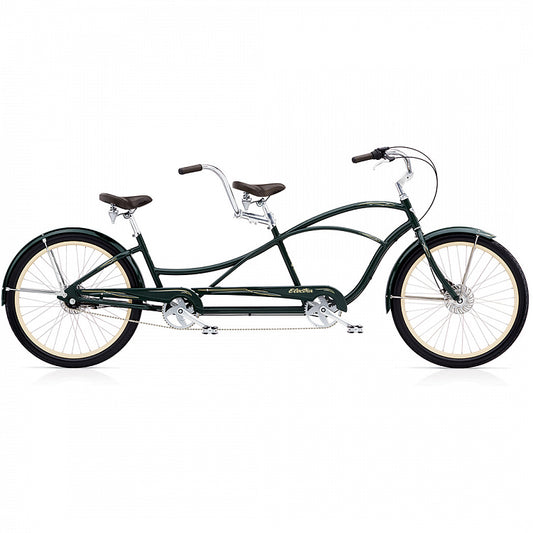 Dark green tandem bicycle on a white background