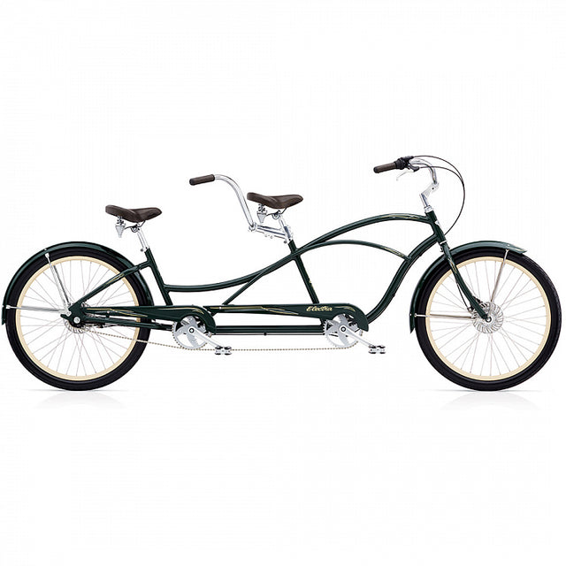 Dark green tandem bicycle on a white background