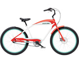 Red and white bicycle with black seat on a white background