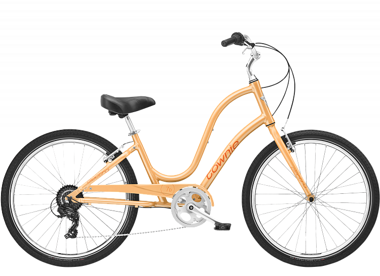 Orange bicycle with black seat and tires on a white background