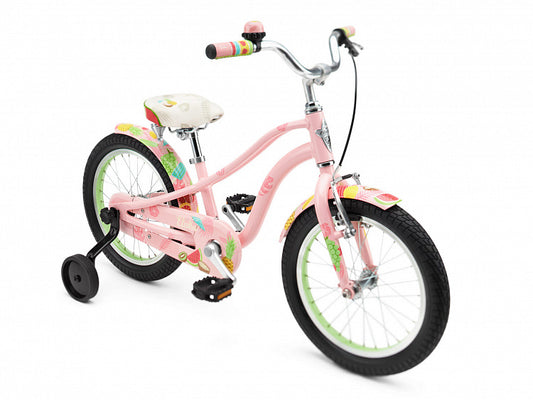 Pink children's bicycle with training wheels on a white background
