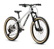 Silver mountain bike with black components on a white background