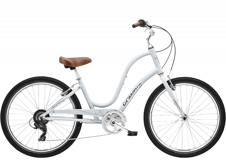 White bicycle with a brown seat on a white background