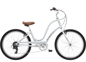 White bicycle with a brown seat on a white background