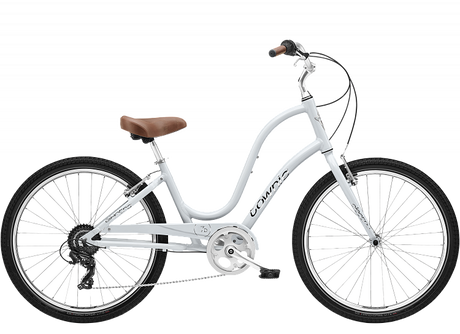 White bicycle with a brown seat on a white background