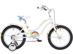 White children's bicycle with rainbow accents on a white background