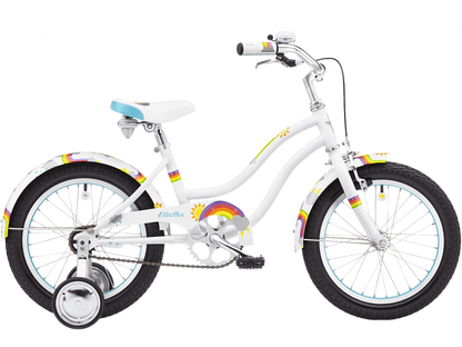 White children's bicycle with rainbow accents on a white background
