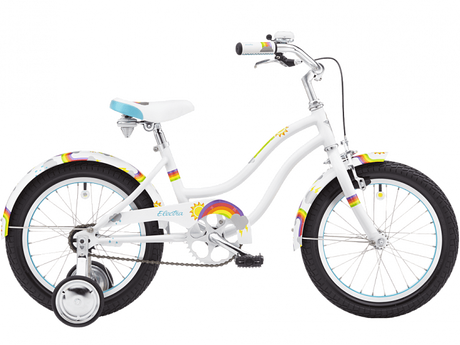 White children's bicycle with rainbow accents on a white background