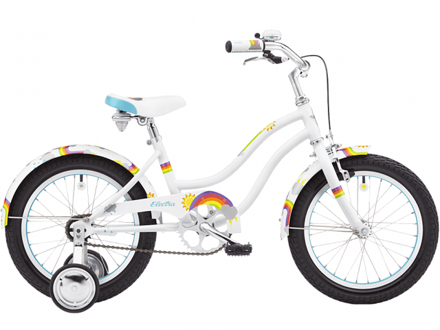 White children's bicycle with rainbow accents on a white background