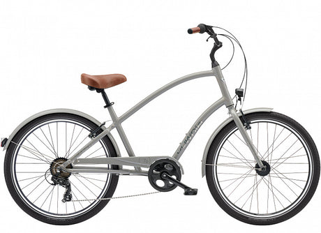 Gray bicycle with a brown seat on a white background